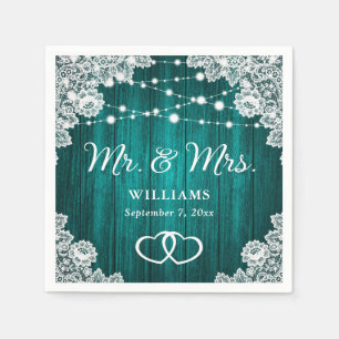 Teal Rustic Wood Lace String Lights Wedding Napkin