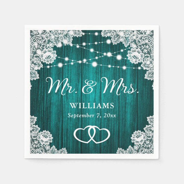 Teal Rustic Wood Lace String Lights Wedding Napkin (Front)