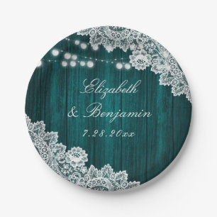 Teal Rustic Wood Lace String Lights Wedding Paper Plate