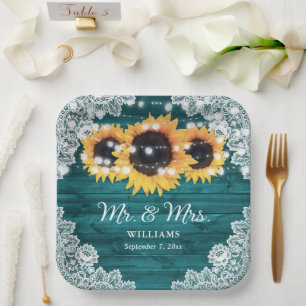Teal Rustic Wood Lace Sunflower Wedding Paper Plate