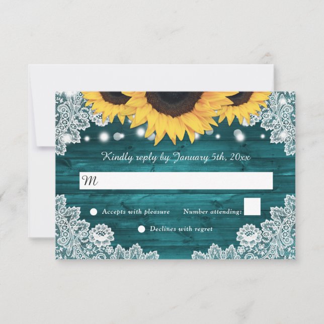 Teal Rustic Wood Lace Sunflower Wedding RSVP Card (Front)