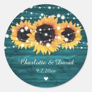Teal Rustic Wood Lights Sunflower Wedding Classic Round Sticker