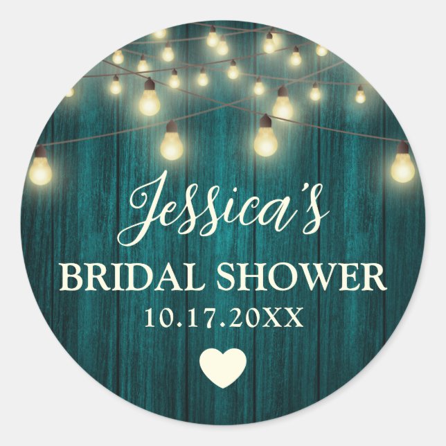 Teal Rustic Wood Lights Wedding Bridal Shower Classic Round Sticker (Front)