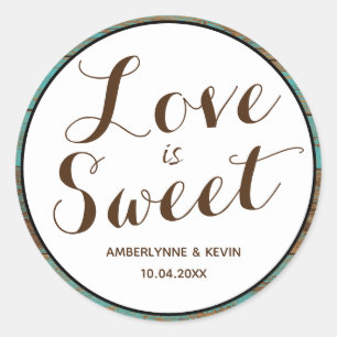 Teal Rustic Wood Love is Sweet Classic Round Sticker