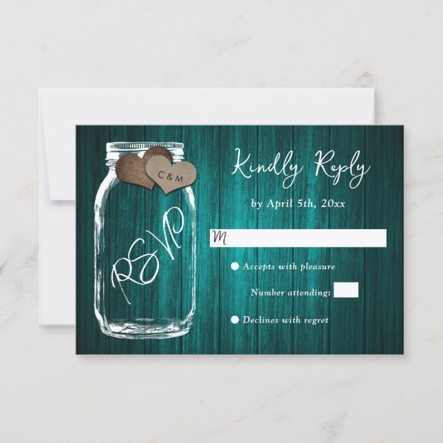 Teal Rustic Wood Mason Jar Burlap Hearts Wedding RSVP Card (Front)