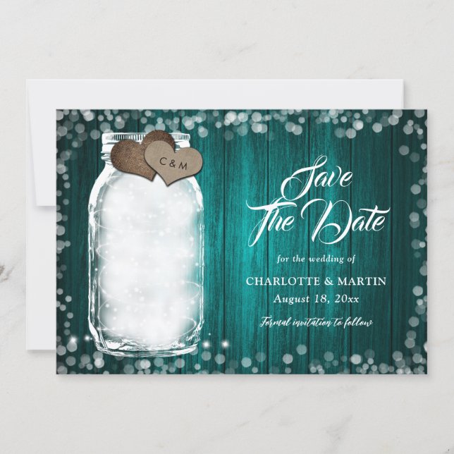 Teal Rustic Wood Mason Jar String Lights Wedding Save The Date (Front)