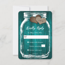 Teal Rustic Wood Mason Jar Two Hearts Wedding RSVP