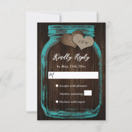 Teal Rustic Wood Mason Jar Two Hearts Wedding RSVP