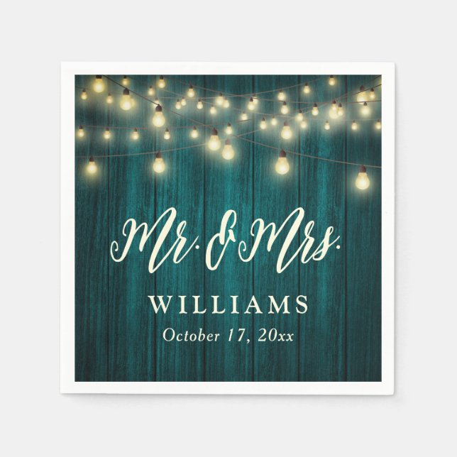 Teal Rustic Wood String Lights Mr and Mrs Wedding Napkin (Front)