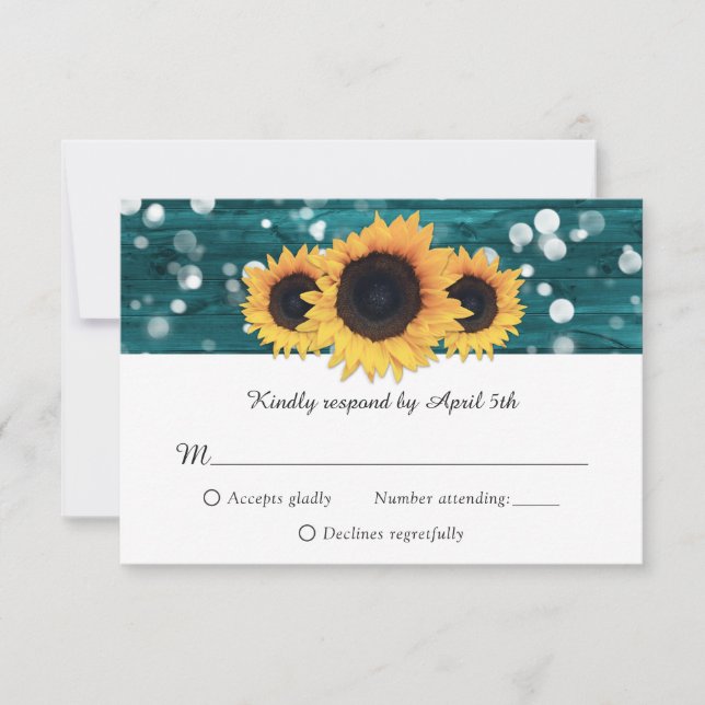 Teal Rustic Wood Sunflower Wedding RSVP Cards (Front)