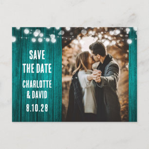 Teal Rustic Wood Wedding Photo Save The Date Announcement Postcard