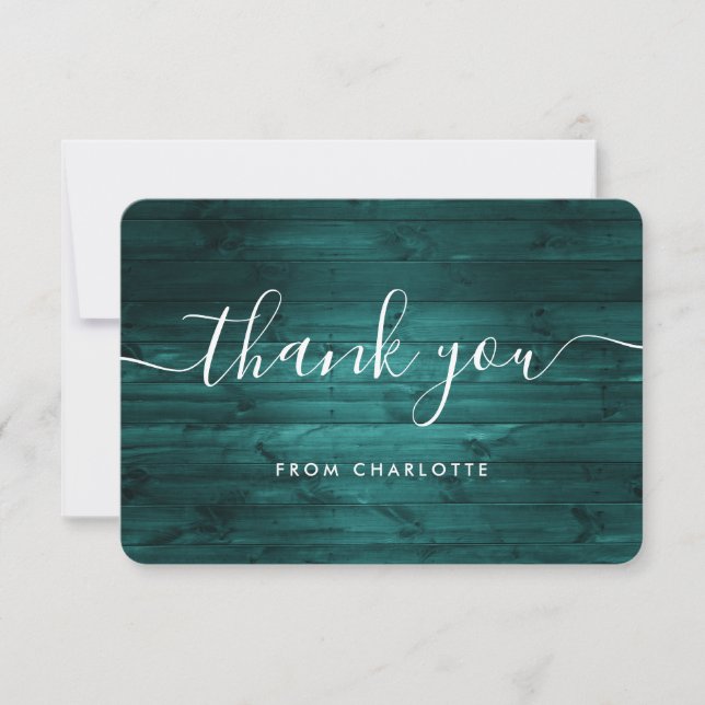 Teal Rustic Wood Wedding Shower Birthday Thank You Card (Front)