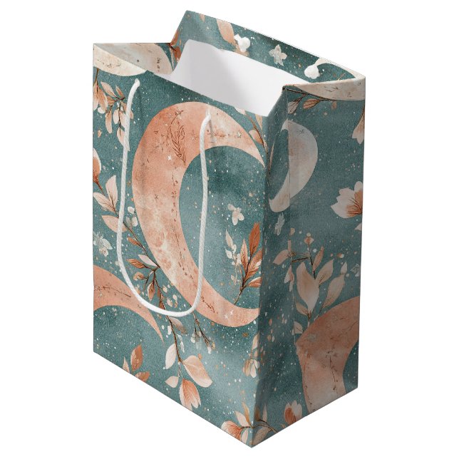 Teal Sage Celestial Crescent Moon Floral Medium Gift Bag (Front Angled)