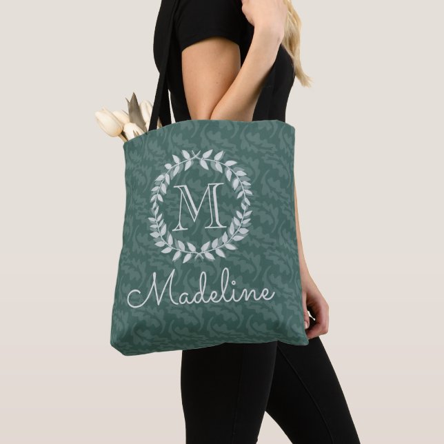 Teal & Sage Greenery Elegant Monogrammed Wreath Tote Bag (Close Up)