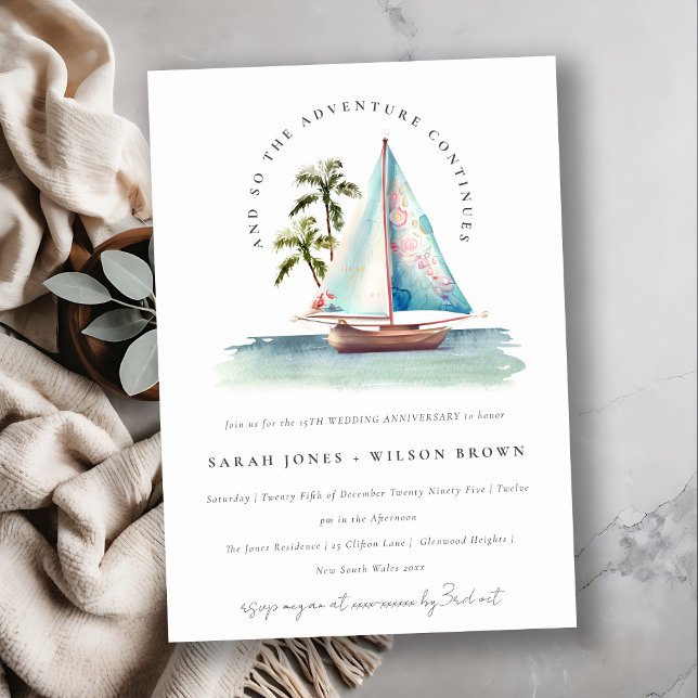 Teal Sailboat Palm Seascape Any Year Anniversary Invitation (Creator Uploaded)