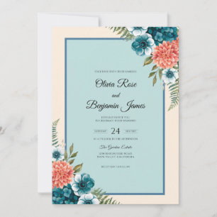 Teal Salmon Dahlia Wedding Invitation
