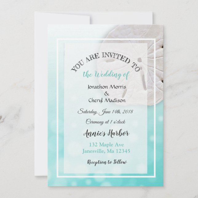 Teal Sand Dollar Beach Themed Wedding Invitations (Front)