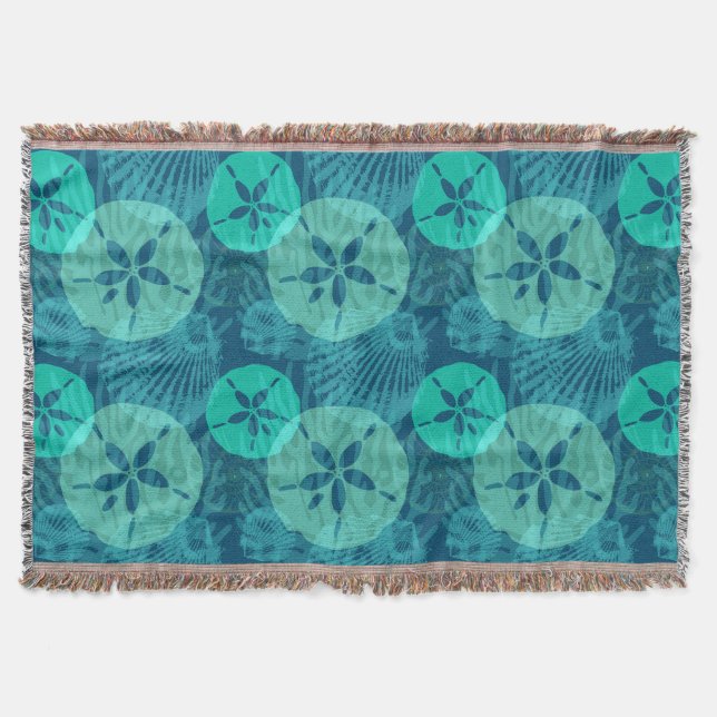 Teal Sand Dollars Seashells Pattern on Ocean Blue Throw Blanket (Front)