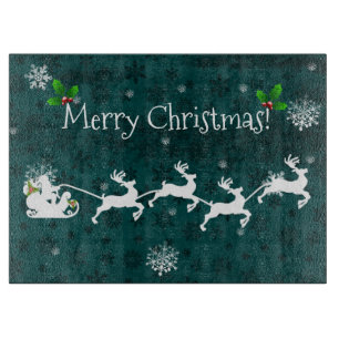 Teal Santa's Sleigh and Reindeer Cutting Board