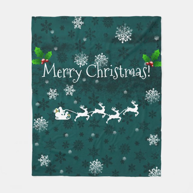 Teal Santa's Sleigh and Reindeer Fleece Blanket (Front)