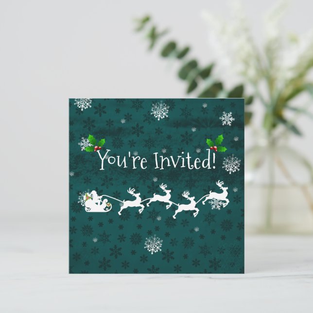 Teal Santa's Sleigh and Reindeer Invitation (Standing Front)