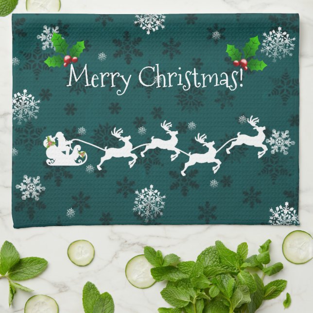 Teal Santa's Sleigh and Reindeer Kitchen Towel (Folded)