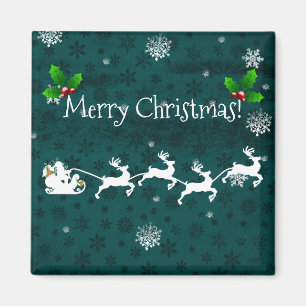 Teal Santa's Sleigh and Reindeer Magnet