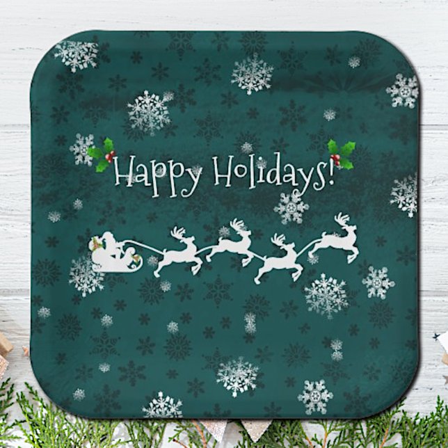 Teal Santa's Sleigh and Reindeer Paper Plate (Teal Santas Sleigh and Reindeer Christmas Paper Plates)