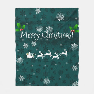Teal Santa's Sleigh and Reindeer Throw Blanket
