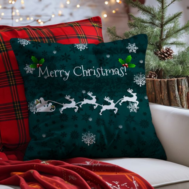 Teal Santa's Sleigh and Reindeer Throw Pillow (Teal Santa's Sleigh and Reindeer Throw Pillow)