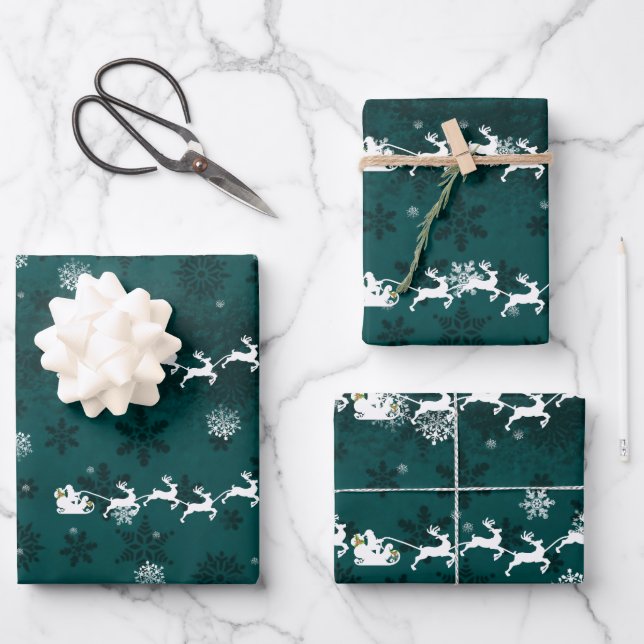 Teal Santa's Sleigh and Reindeer Wrapping Paper (Front)