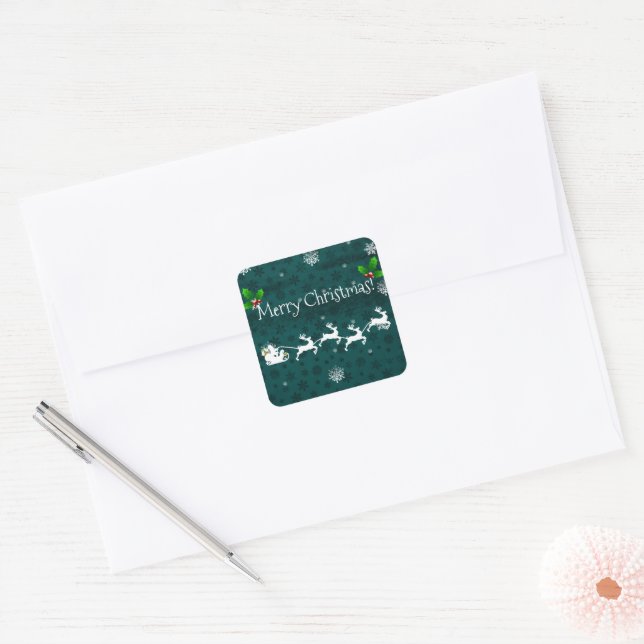 Teal Santa's Sleigh & Reindeer Sticker (Envelope)