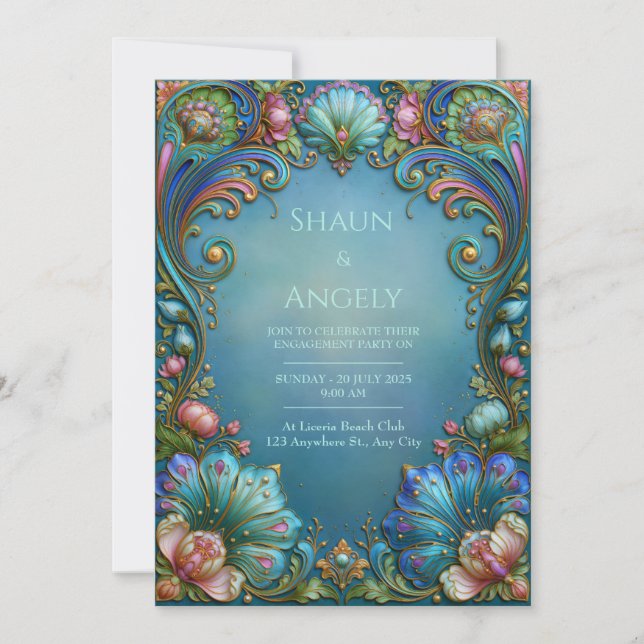 Teal Sapphire Filigree Wedding Invitation (Front)
