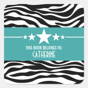 Teal Sassy Star Zebra Bookplate Stickers
