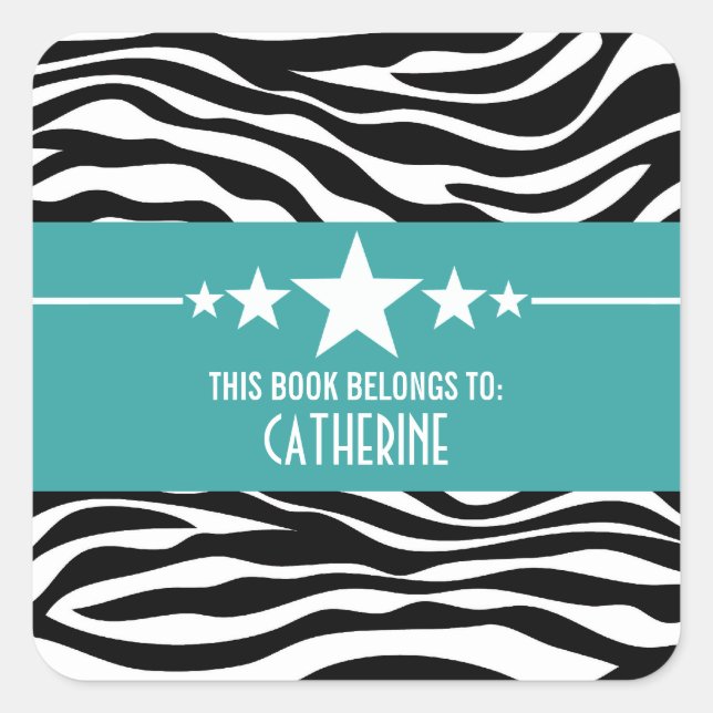 Teal Sassy Star Zebra Bookplate Stickers (Front)