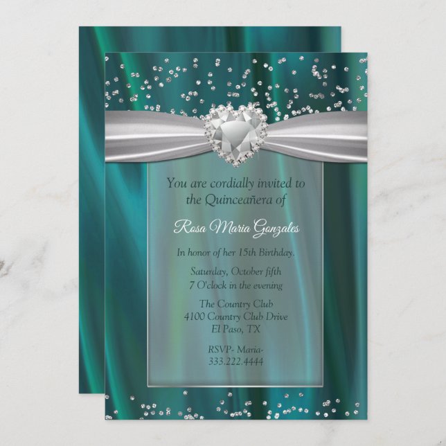 Teal Satin and Diamonds Quinceañera  Invitation (Front/Back)