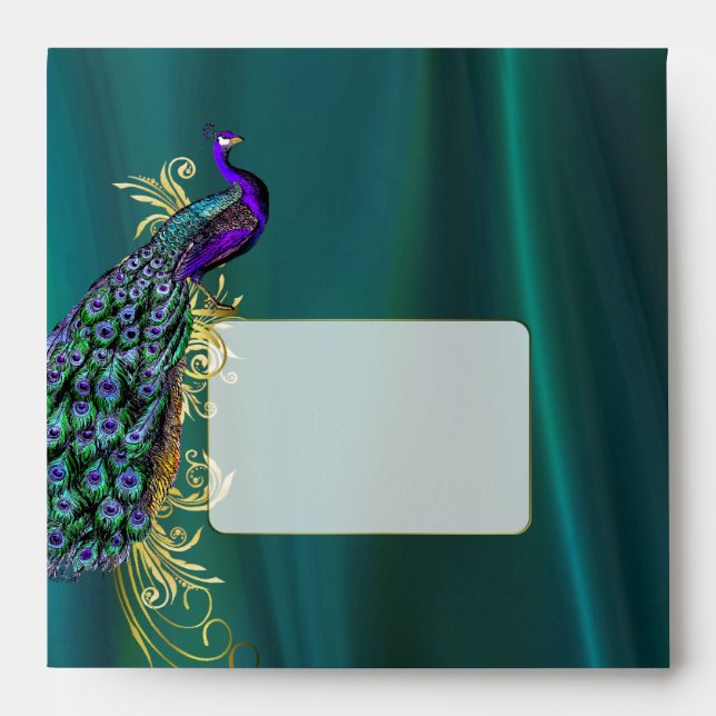 Teal Satin and Peacock Custom Wedding Envelope (Front)