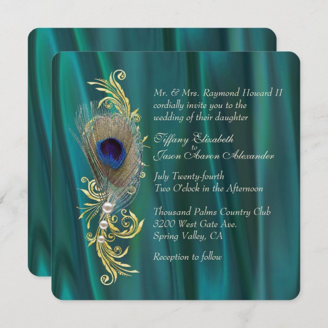 Teal Satin and Peacock Feather Wedding Invitation (Front/Back)