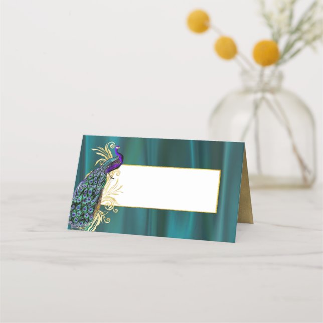 Teal Satin and Peacock Wedding Folded Place Card (Front)