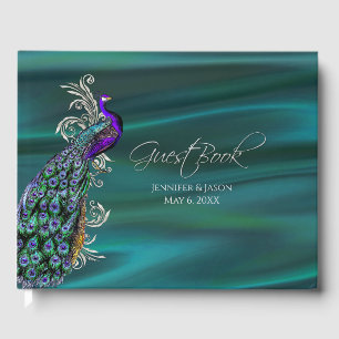 Teal Satin and Peacock Wedding Guest Book