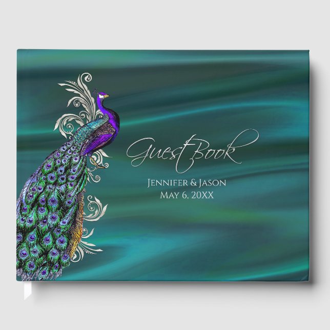 Teal Satin and Peacock Wedding Guest Book (Front)