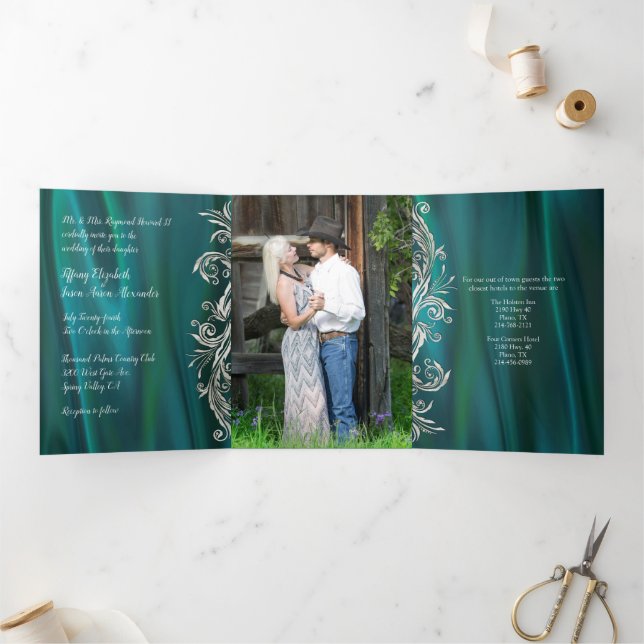 Teal Satin Look with Peacock Wedding Tri-Fold Invitation (Inside)