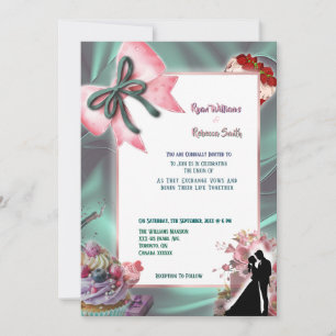 Teal Satin & Pink Bow Wedding Invitation