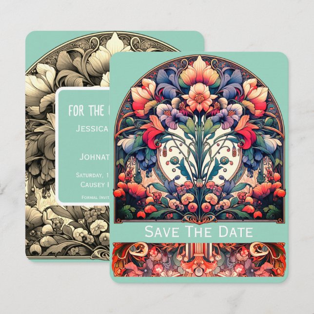 Teal Save The Date Card Mucha Style (Front/Back)