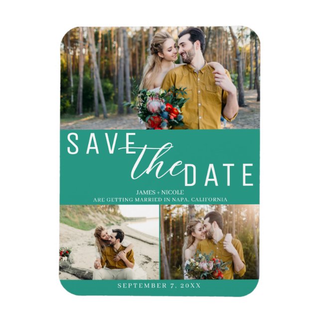 Teal Save the Date Wedding 3 Photos Magnet (Vertical)