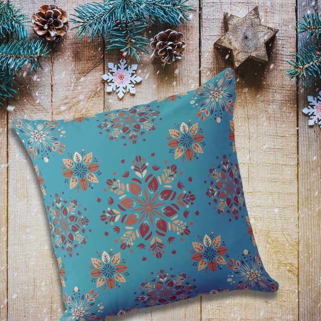 Teal Scandinavian Folk pattern snowflakes Cushion (Creator Uploaded)