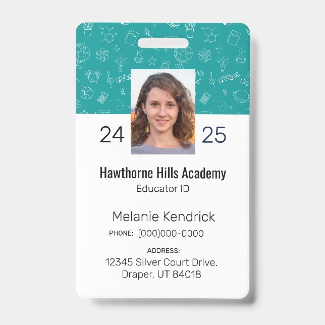 Teal School Icons Homeschool Educator ID Badge (Front)