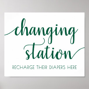 Teal Script   Aqua Blue-Green Changing Station Poster