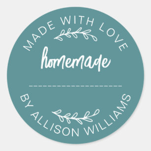 Teal Script Made With Love Homemade Food Jar Classic Round Sticker