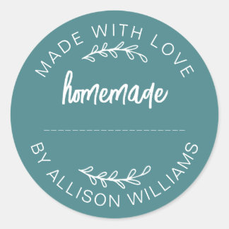 Teal Script Made With Love Homemade Food Jar Classic Round Sticker
